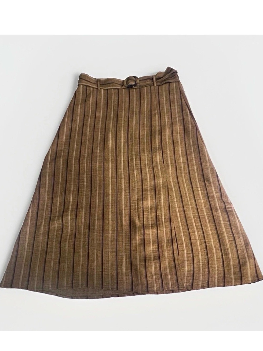Striped Brown A-Line Skirt with Waist Tie